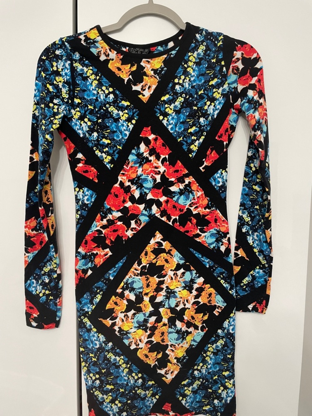 Topshop Black Floral Geometric Long Sleeve Mini Dress